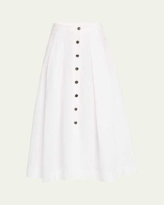 Pleated Button-Front Linen Maxi Skirt